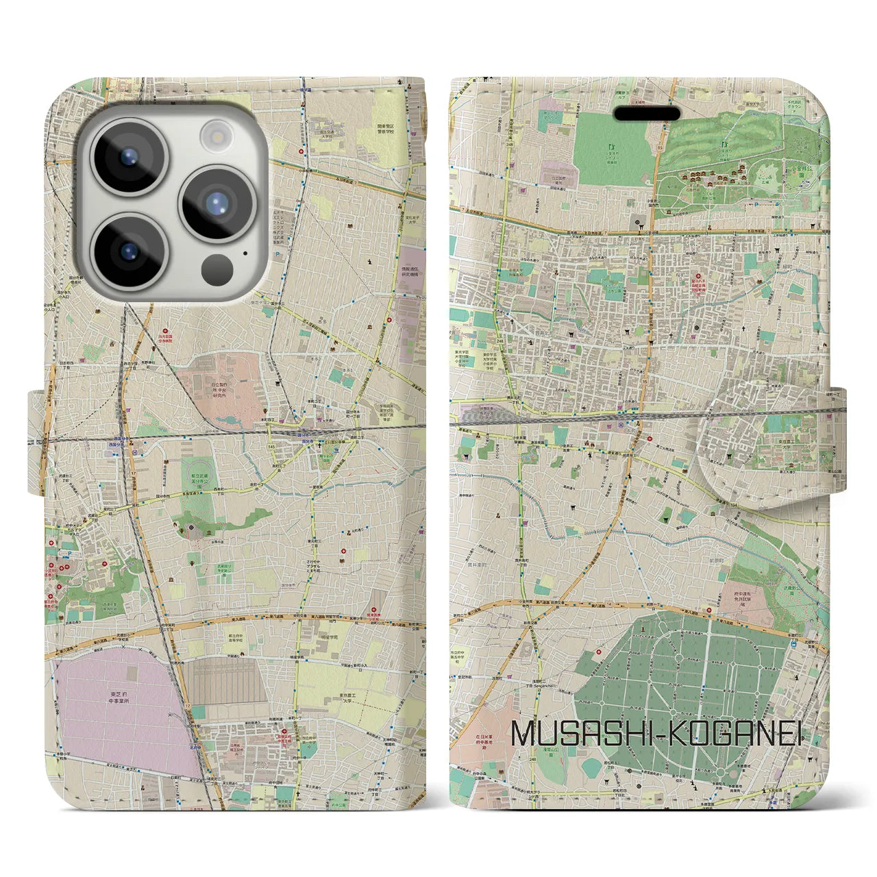 【武蔵小金井(東京都)】地図柄iPhoneケース(手帳タイプ)ナチュラル・iPhone 15 Pro 用