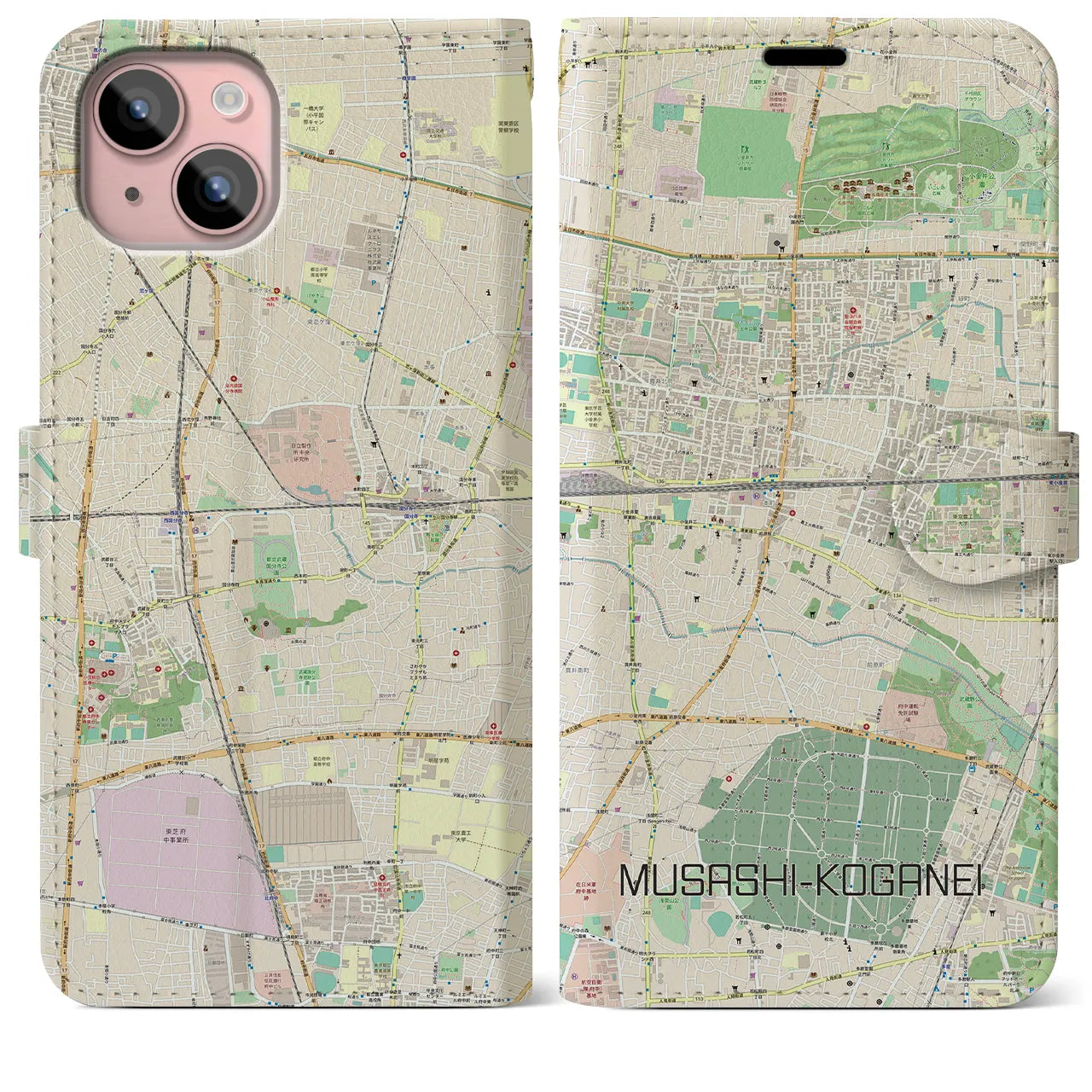 【武蔵小金井(東京都)】地図柄iPhoneケース(手帳タイプ)ナチュラル・iPhone 15 Plus 用