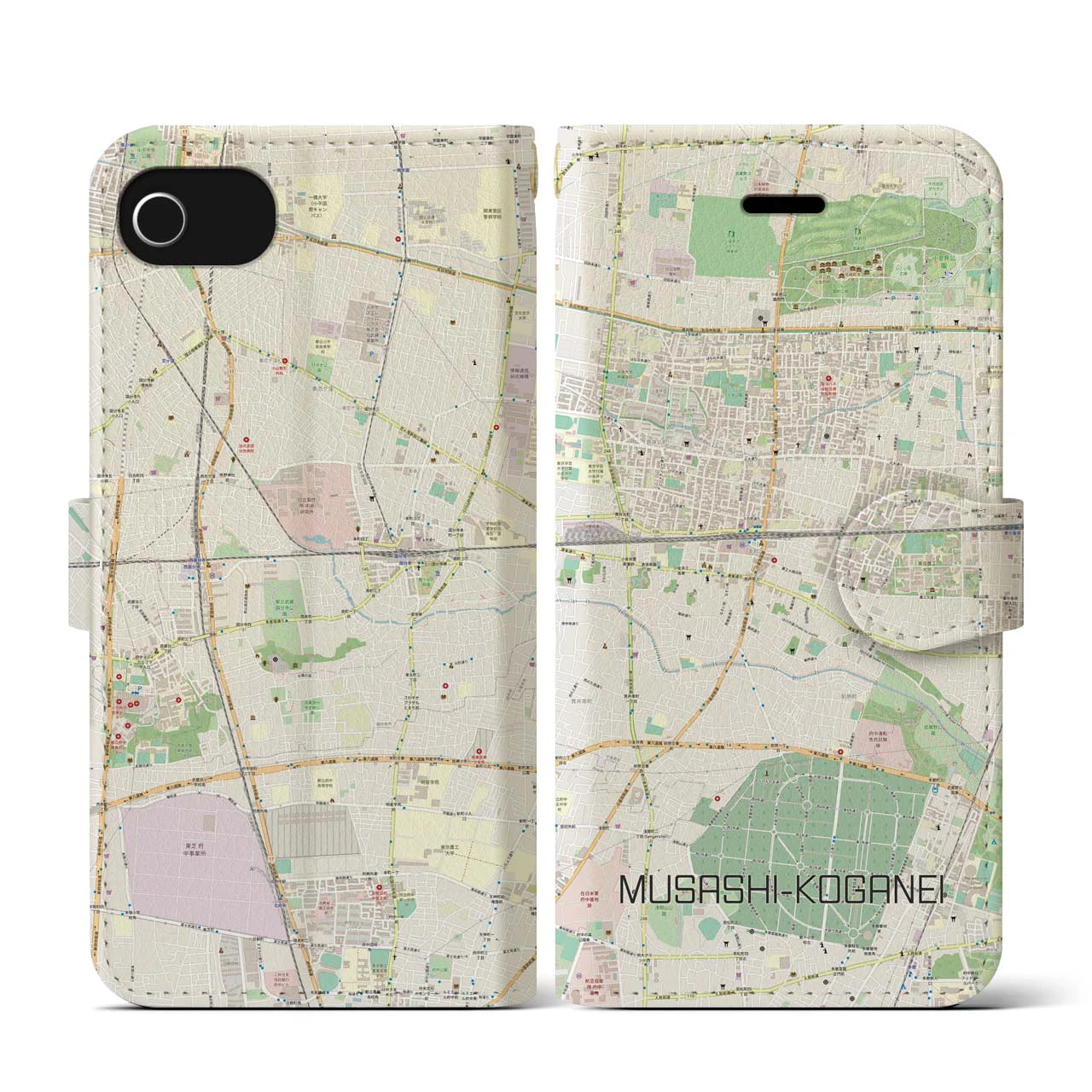 【武蔵小金井(東京都)】地図柄iPhoneケース(手帳タイプ)ナチュラル・iPhone SE(第3 / 第2世代) / 8 / 7 / 6s / 6 用