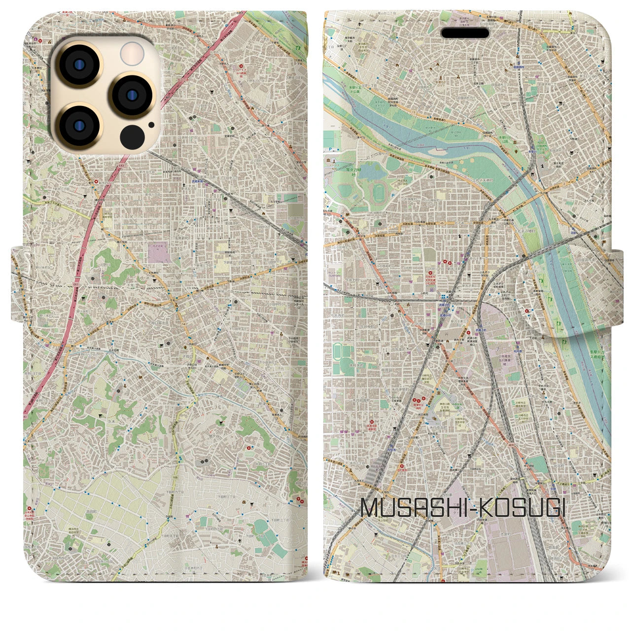 【武蔵小杉(神奈川県)】地図柄iPhoneケース(手帳タイプ)ナチュラル・iPhone 12 Pro Max 用