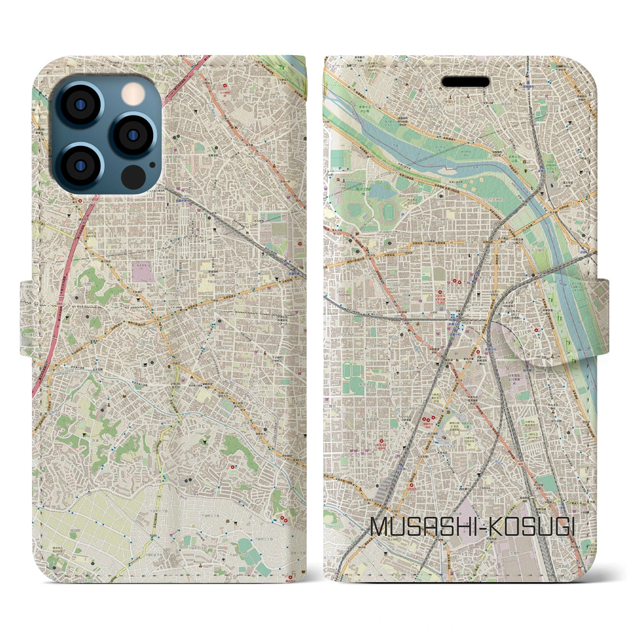 【武蔵小杉(神奈川県)】地図柄iPhoneケース(手帳タイプ)ナチュラル・iPhone 12 / 12 Pro 用