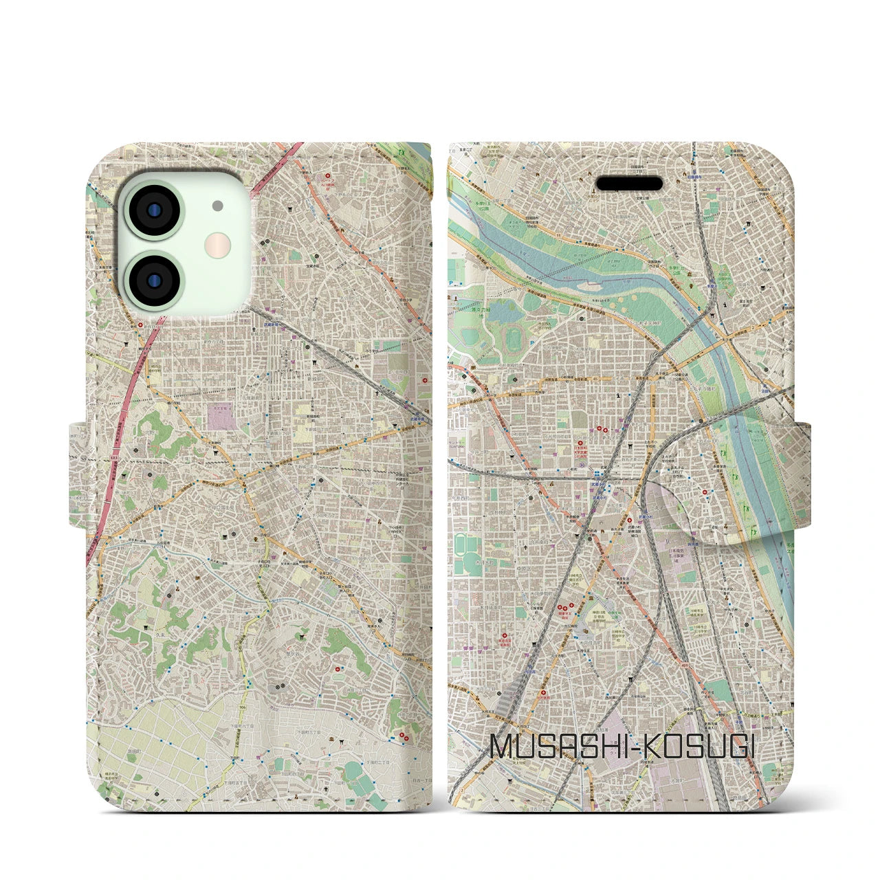 【武蔵小杉(神奈川県)】地図柄iPhoneケース(手帳タイプ)ナチュラル・iPhone 12 mini 用