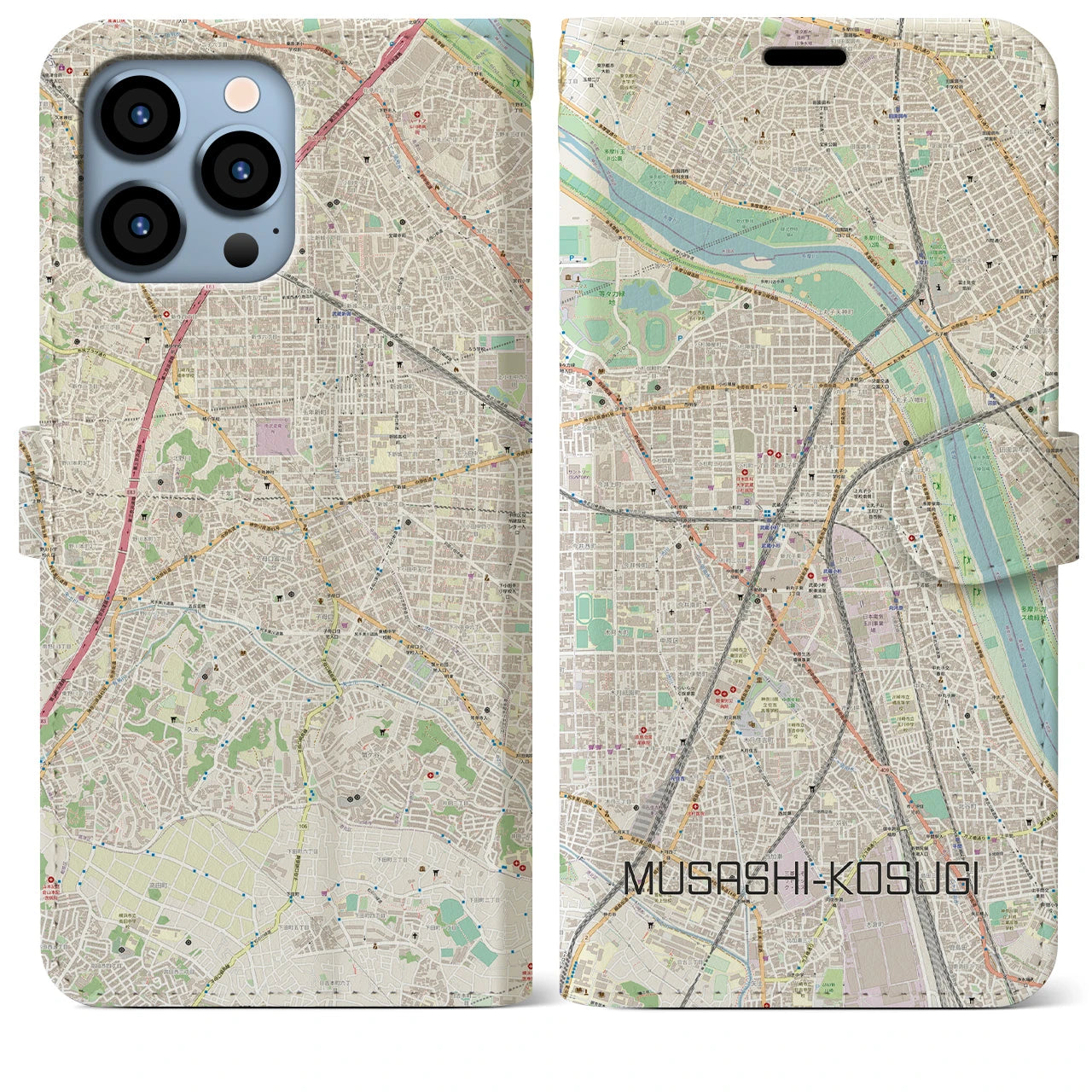 【武蔵小杉(神奈川県)】地図柄iPhoneケース(手帳タイプ)ナチュラル・iPhone 13 Pro Max 用