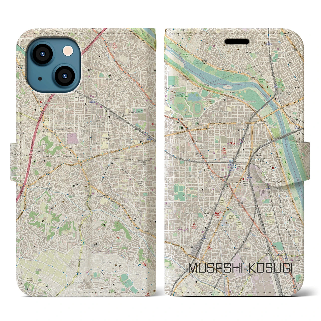 【武蔵小杉(神奈川県)】地図柄iPhoneケース(手帳タイプ)ナチュラル・iPhone 13 用