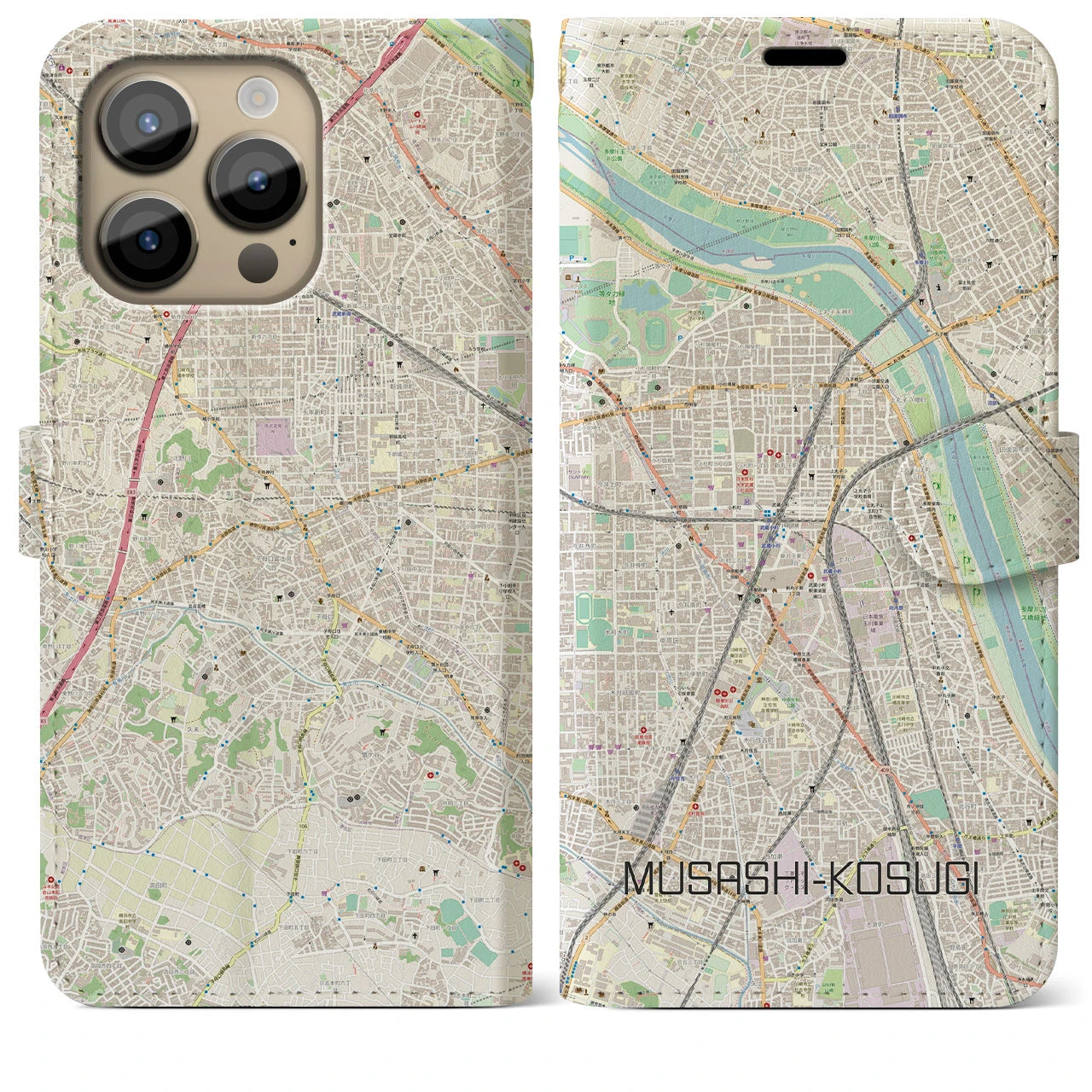 【武蔵小杉(神奈川県)】地図柄iPhoneケース(手帳タイプ)ナチュラル・iPhone 14 Pro Max 用