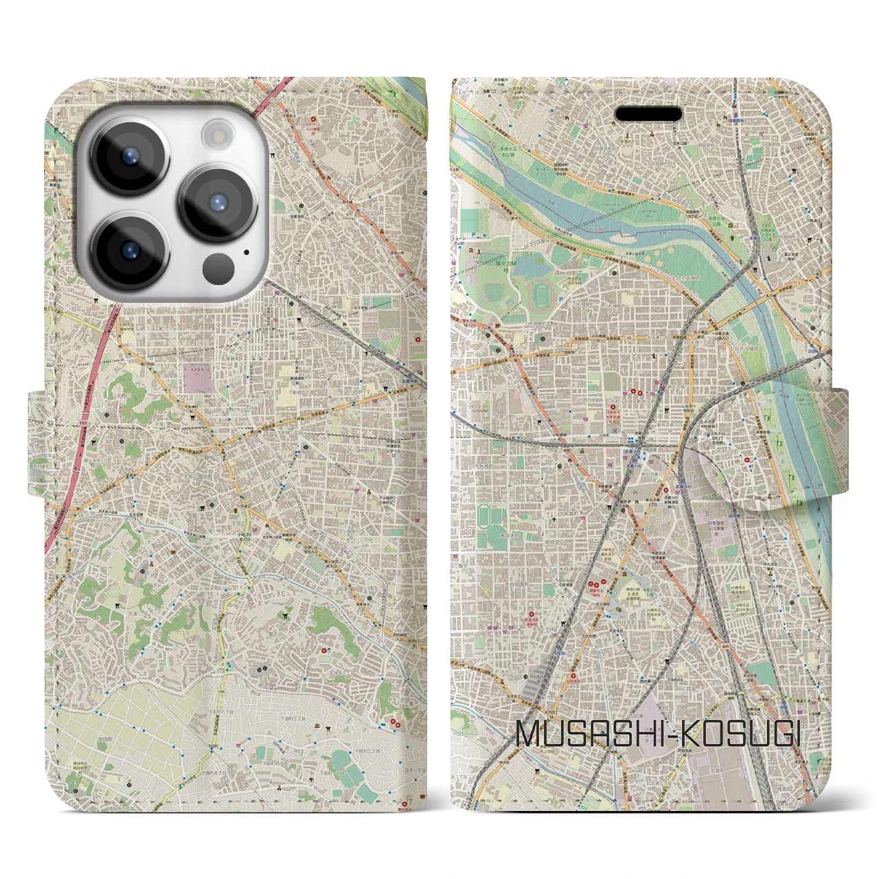 【武蔵小杉(神奈川県)】地図柄iPhoneケース(手帳タイプ)ナチュラル・iPhone 14 Pro 用