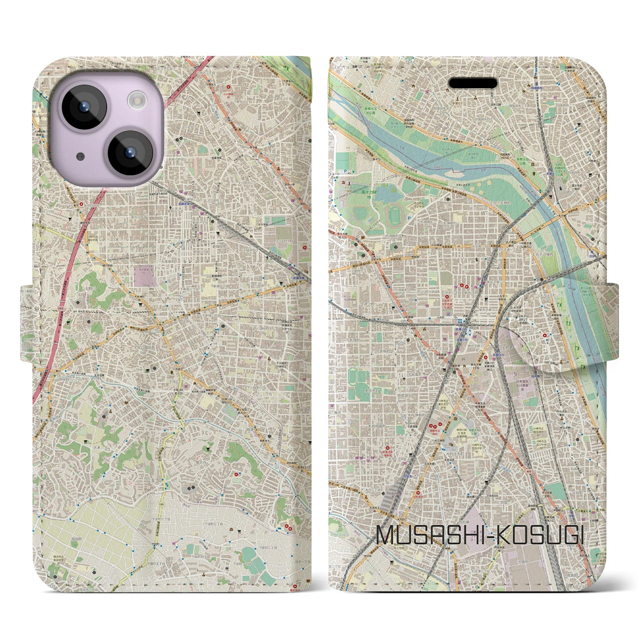 【武蔵小杉(神奈川県)】地図柄iPhoneケース(手帳タイプ)ナチュラル・iPhone 14 用