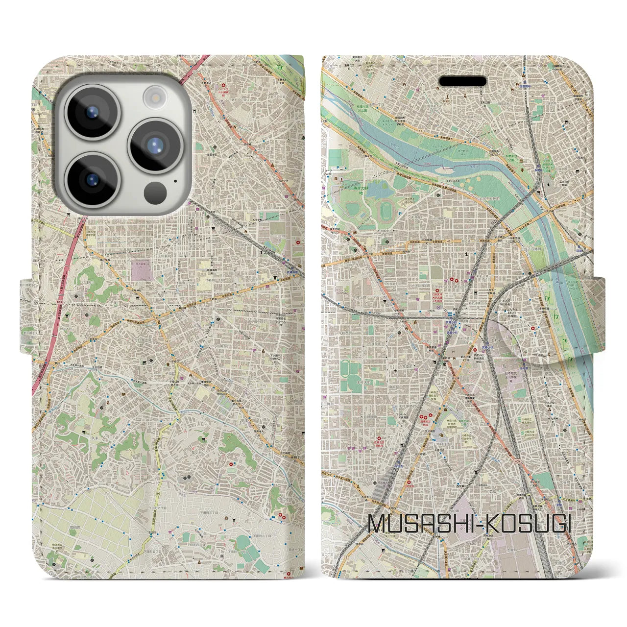 【武蔵小杉(神奈川県)】地図柄iPhoneケース(手帳タイプ)ナチュラル・iPhone 15 Pro 用