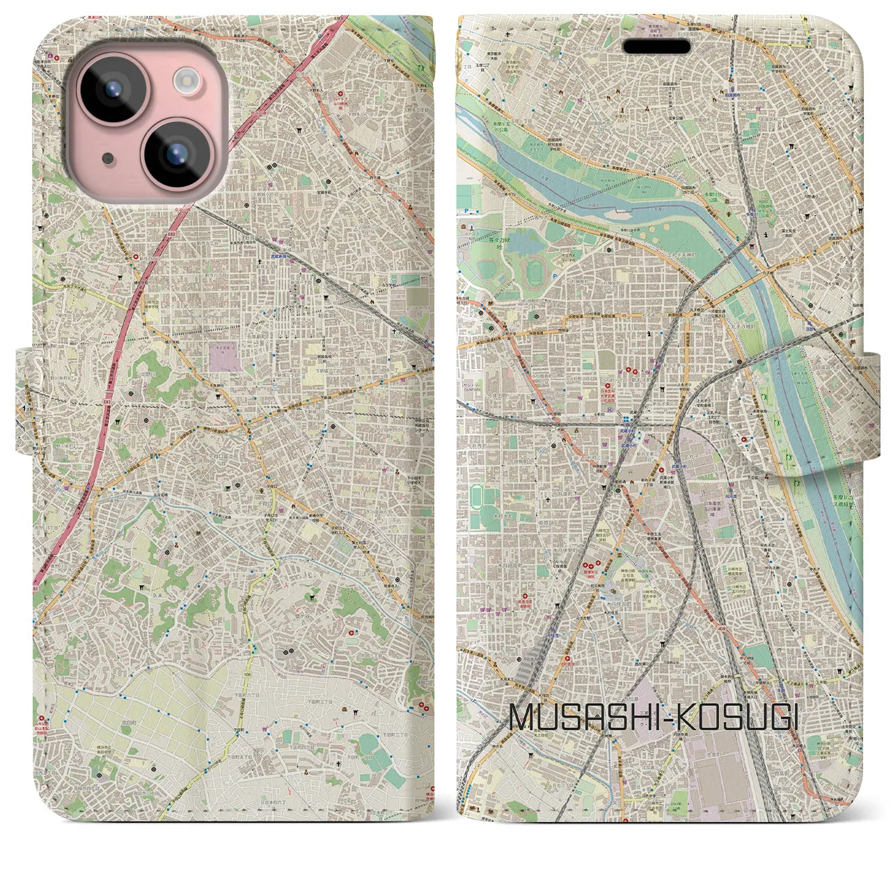【武蔵小杉(神奈川県)】地図柄iPhoneケース(手帳タイプ)ナチュラル・iPhone 15 Plus 用