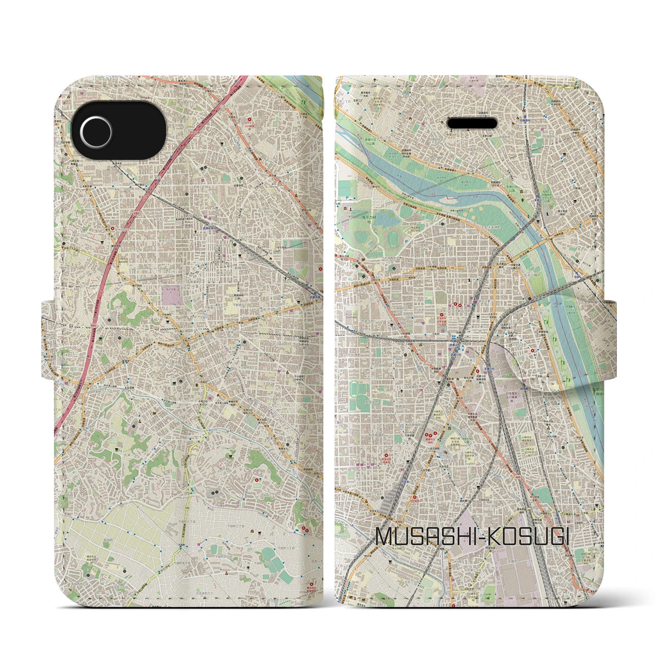 【武蔵小杉(神奈川県)】地図柄iPhoneケース(手帳タイプ)ナチュラル・iPhone SE(第3 / 第2世代) / 8 / 7 / 6s / 6 用
