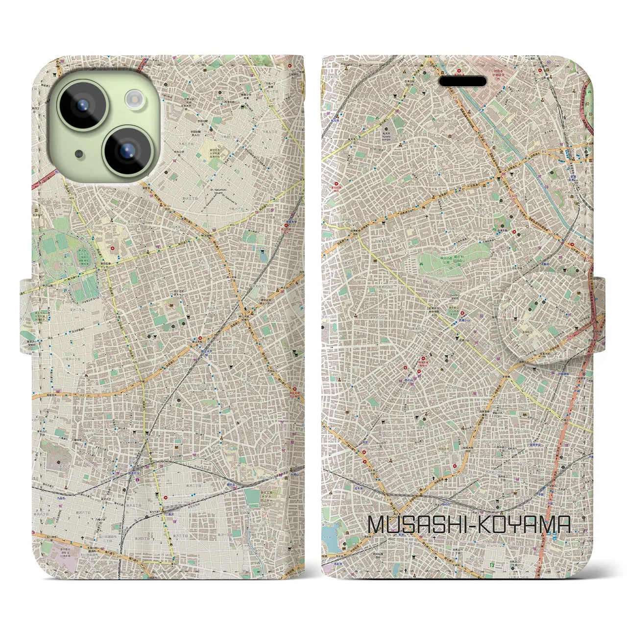 【武蔵小山(東京都)】地図柄iPhoneケース(手帳タイプ)ナチュラル・iPhone 15 用