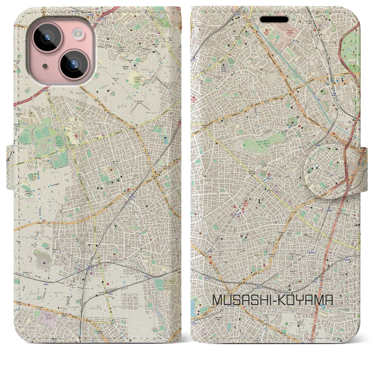 【武蔵小山(東京都)】地図柄iPhoneケース(手帳タイプ)ナチュラル・iPhone 15 Plus 用