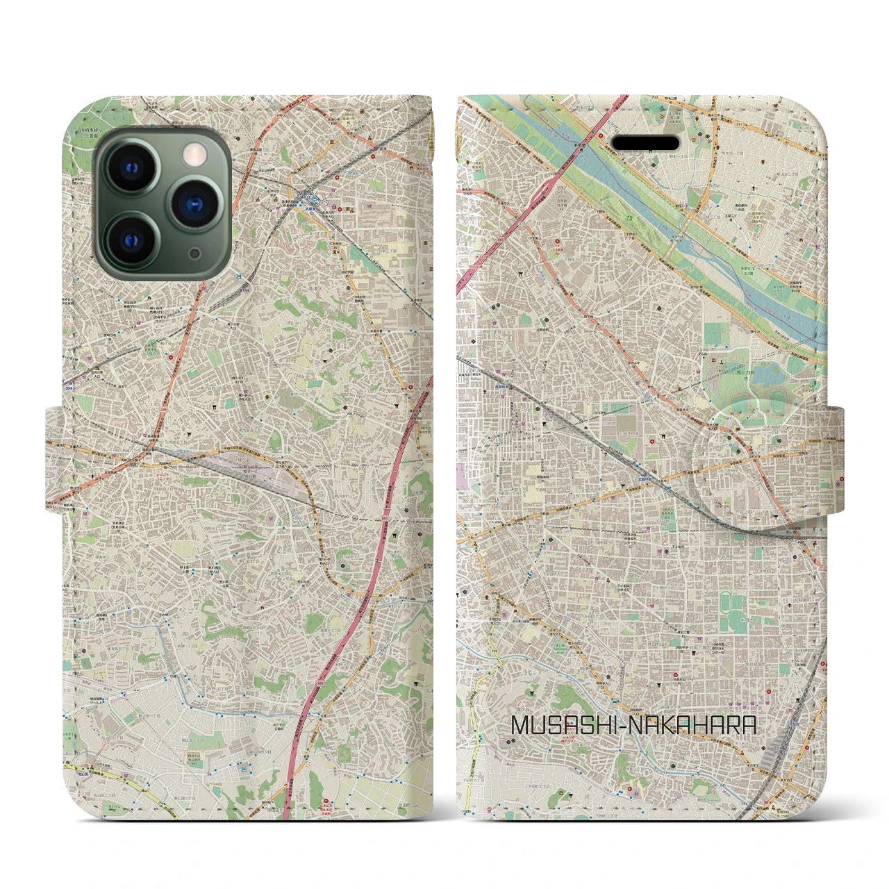 【武蔵中原(神奈川県)】地図柄iPhoneケース(手帳タイプ)ナチュラル・iPhone 11 Pro 用