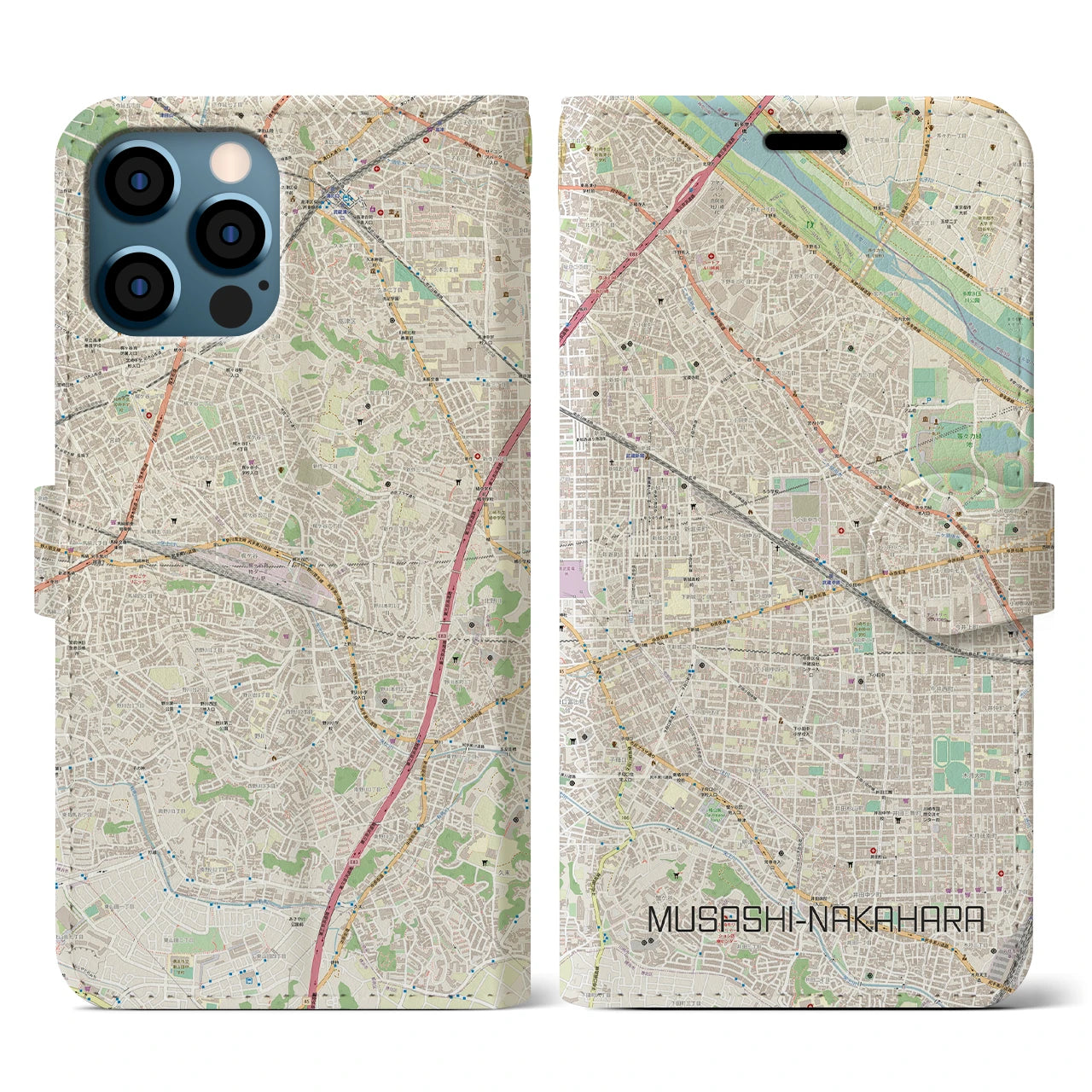 【武蔵中原(神奈川県)】地図柄iPhoneケース(手帳タイプ)ナチュラル・iPhone 12 / 12 Pro 用