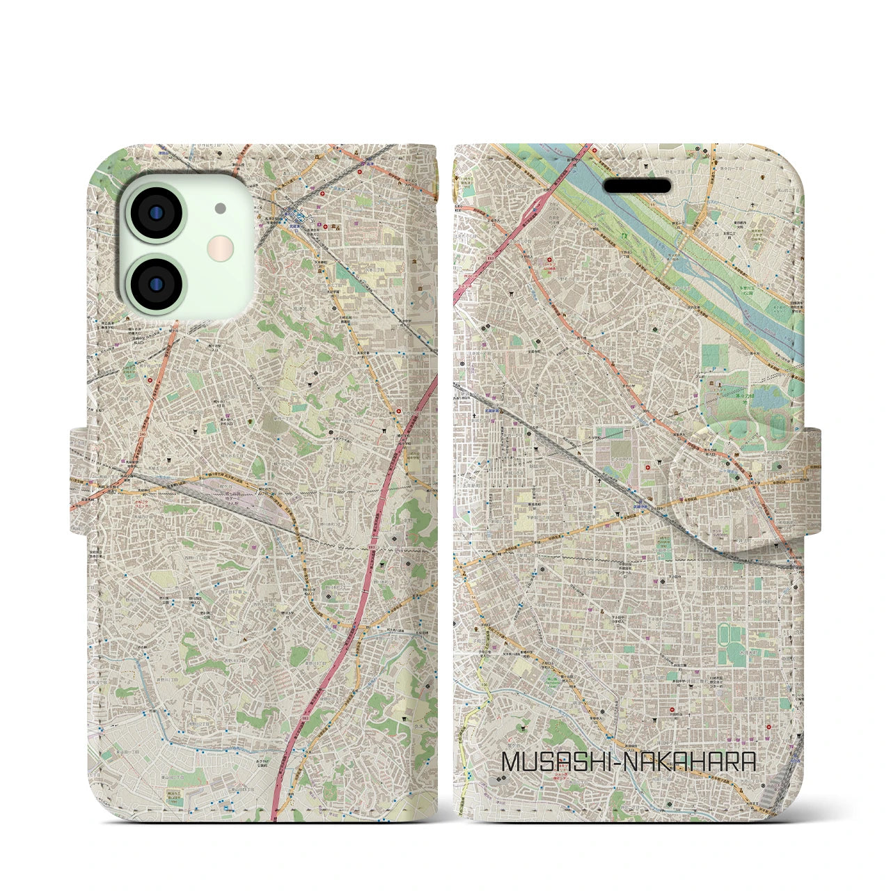【武蔵中原(神奈川県)】地図柄iPhoneケース(手帳タイプ)ナチュラル・iPhone 12 mini 用