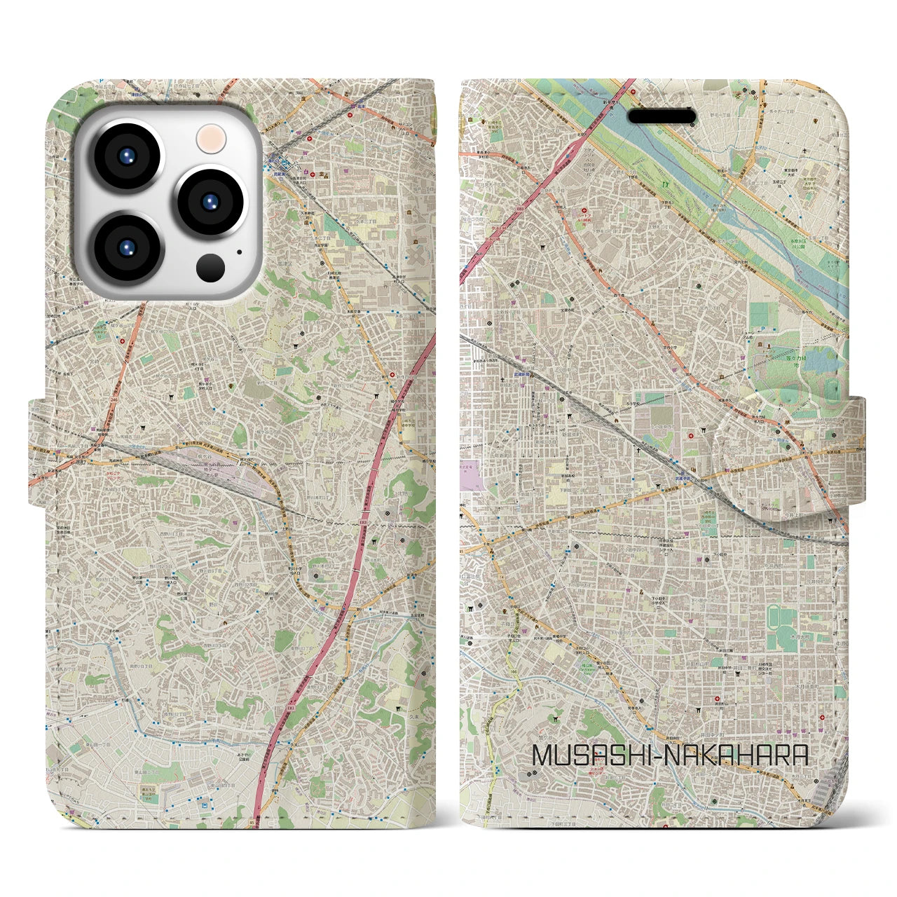 【武蔵中原(神奈川県)】地図柄iPhoneケース(手帳タイプ)ナチュラル・iPhone 13 Pro 用