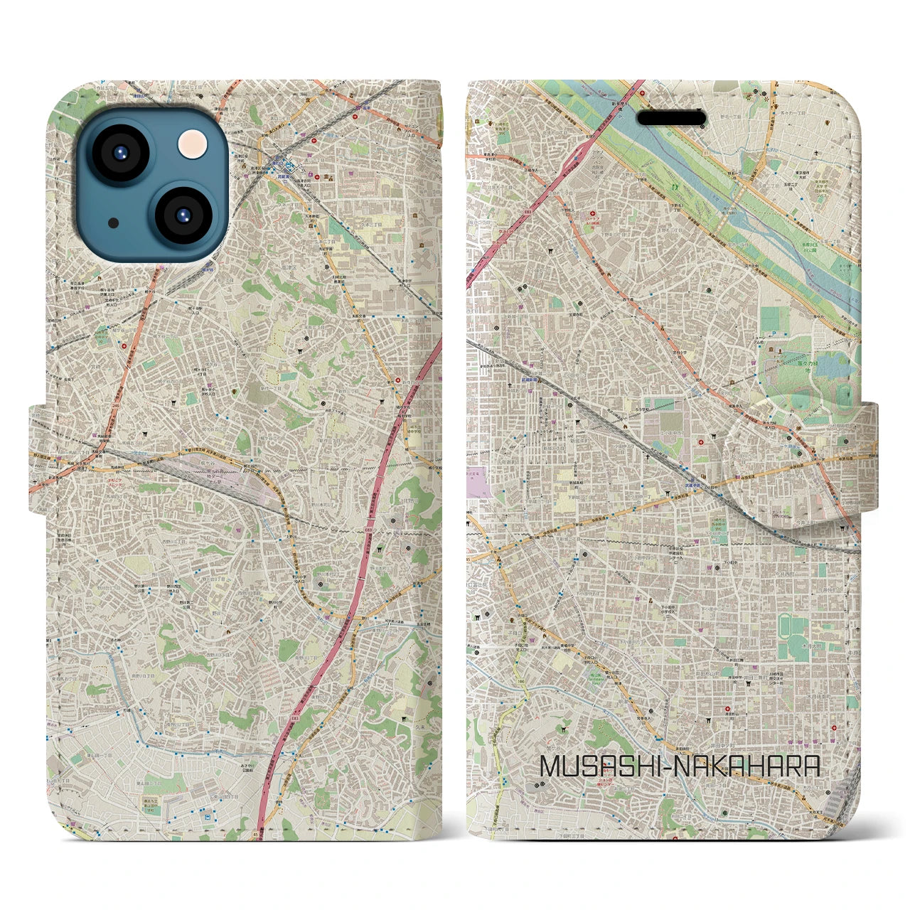 【武蔵中原(神奈川県)】地図柄iPhoneケース(手帳タイプ)ナチュラル・iPhone 13 用