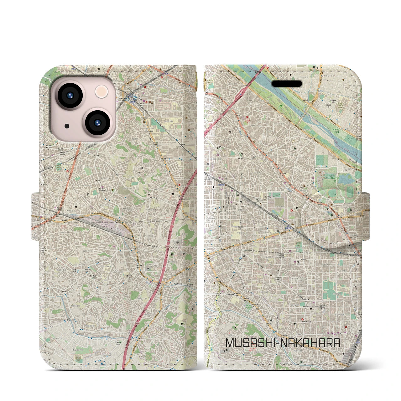 【武蔵中原(神奈川県)】地図柄iPhoneケース(手帳タイプ)ナチュラル・iPhone 13 mini 用