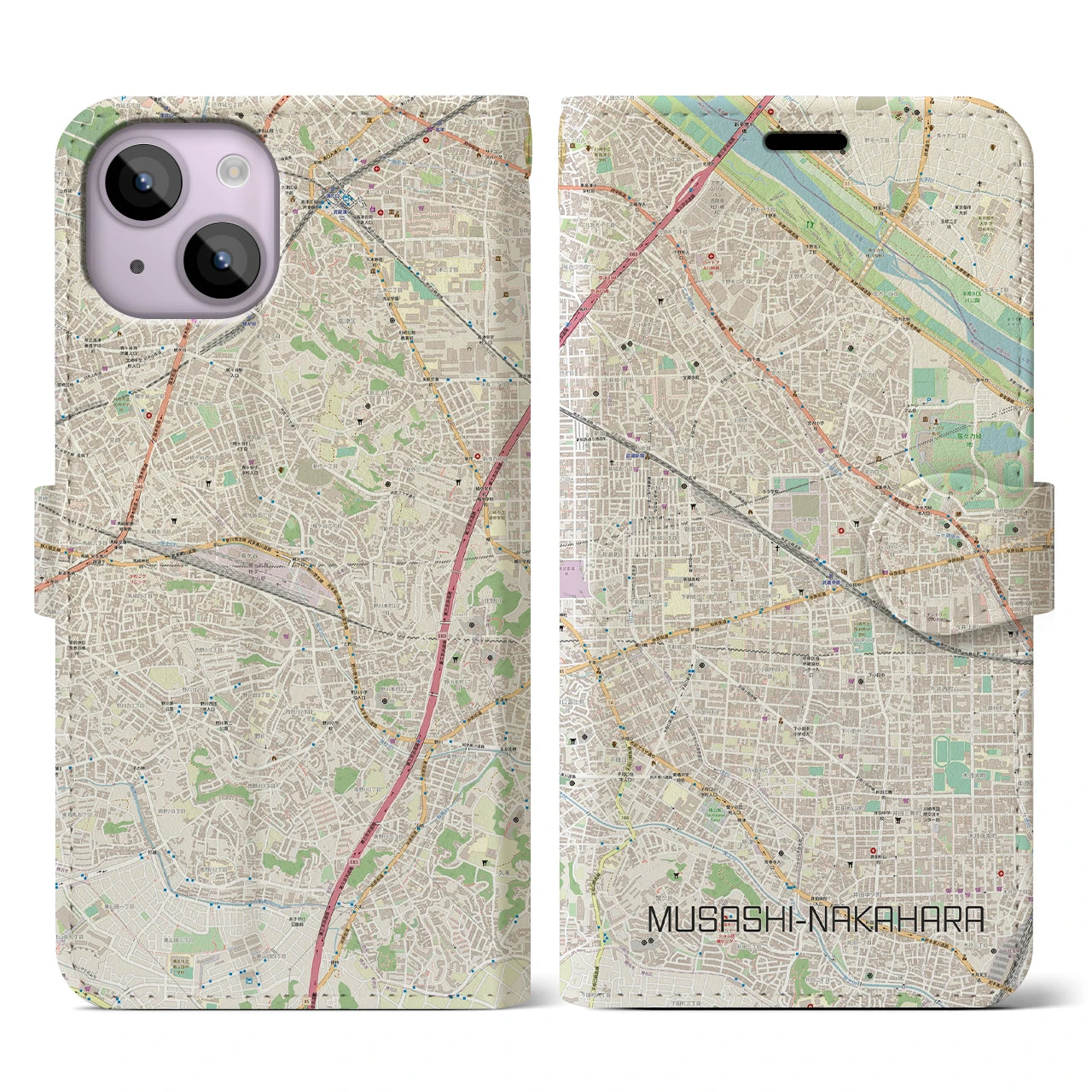【武蔵中原(神奈川県)】地図柄iPhoneケース(手帳タイプ)ナチュラル・iPhone 14 用