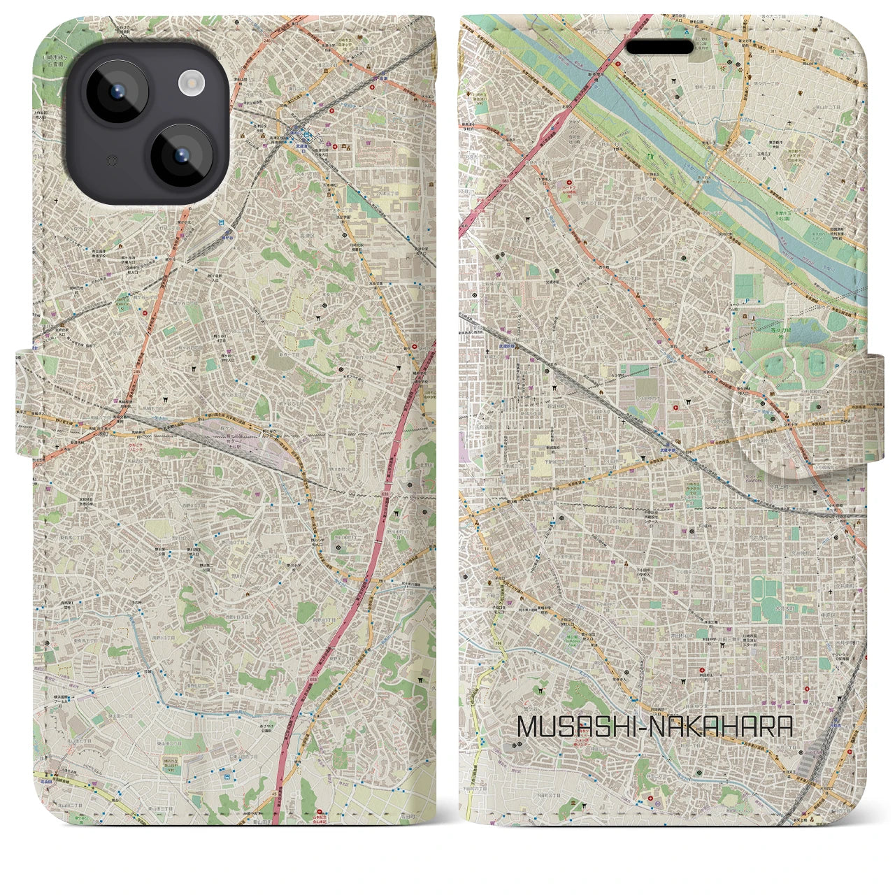 【武蔵中原(神奈川県)】地図柄iPhoneケース(手帳タイプ)ナチュラル・iPhone 14 Plus 用