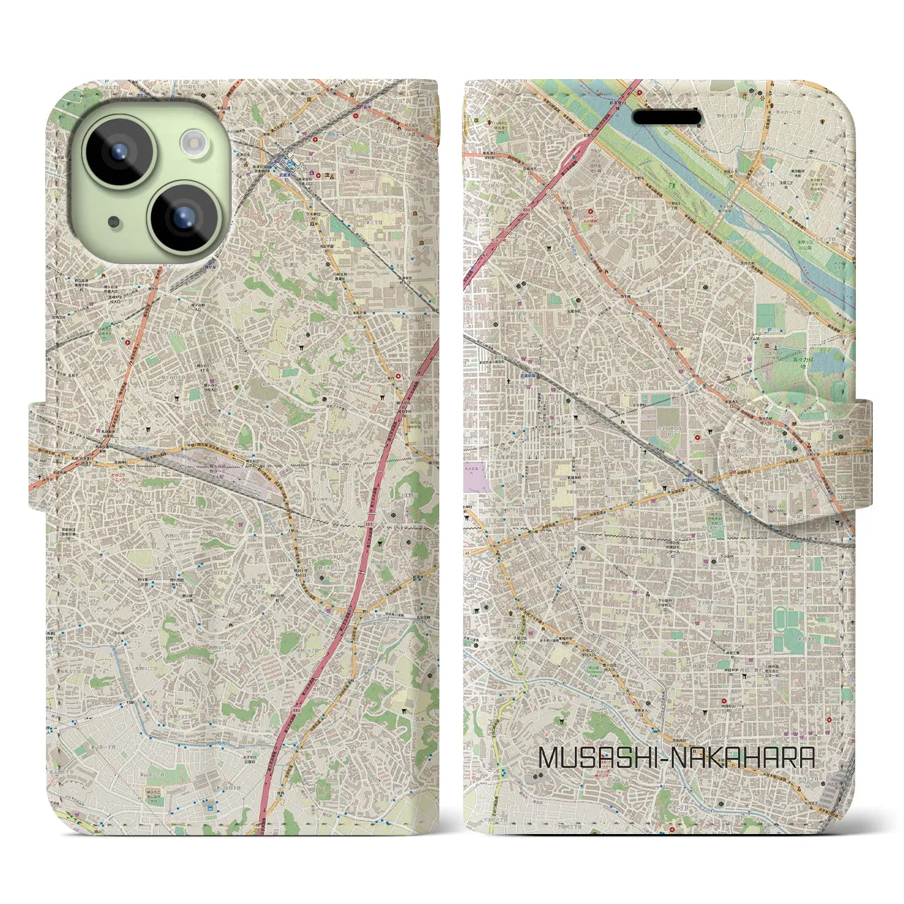 【武蔵中原(神奈川県)】地図柄iPhoneケース(手帳タイプ)ナチュラル・iPhone 15 用