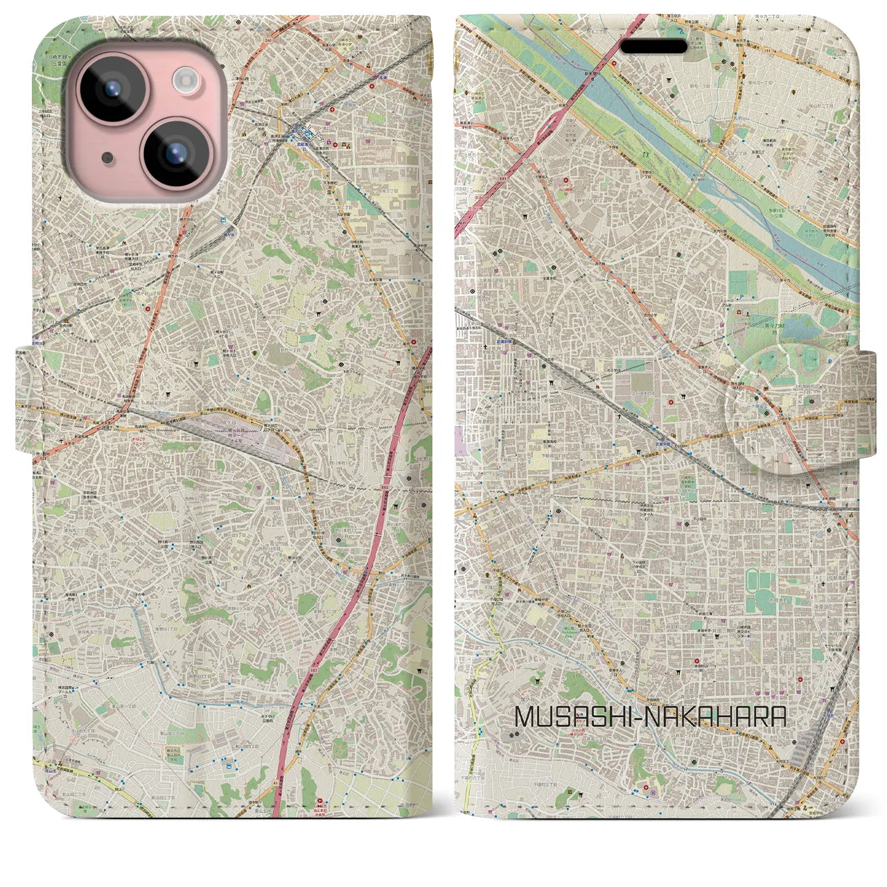 【武蔵中原(神奈川県)】地図柄iPhoneケース(手帳タイプ)ナチュラル・iPhone 15 Plus 用