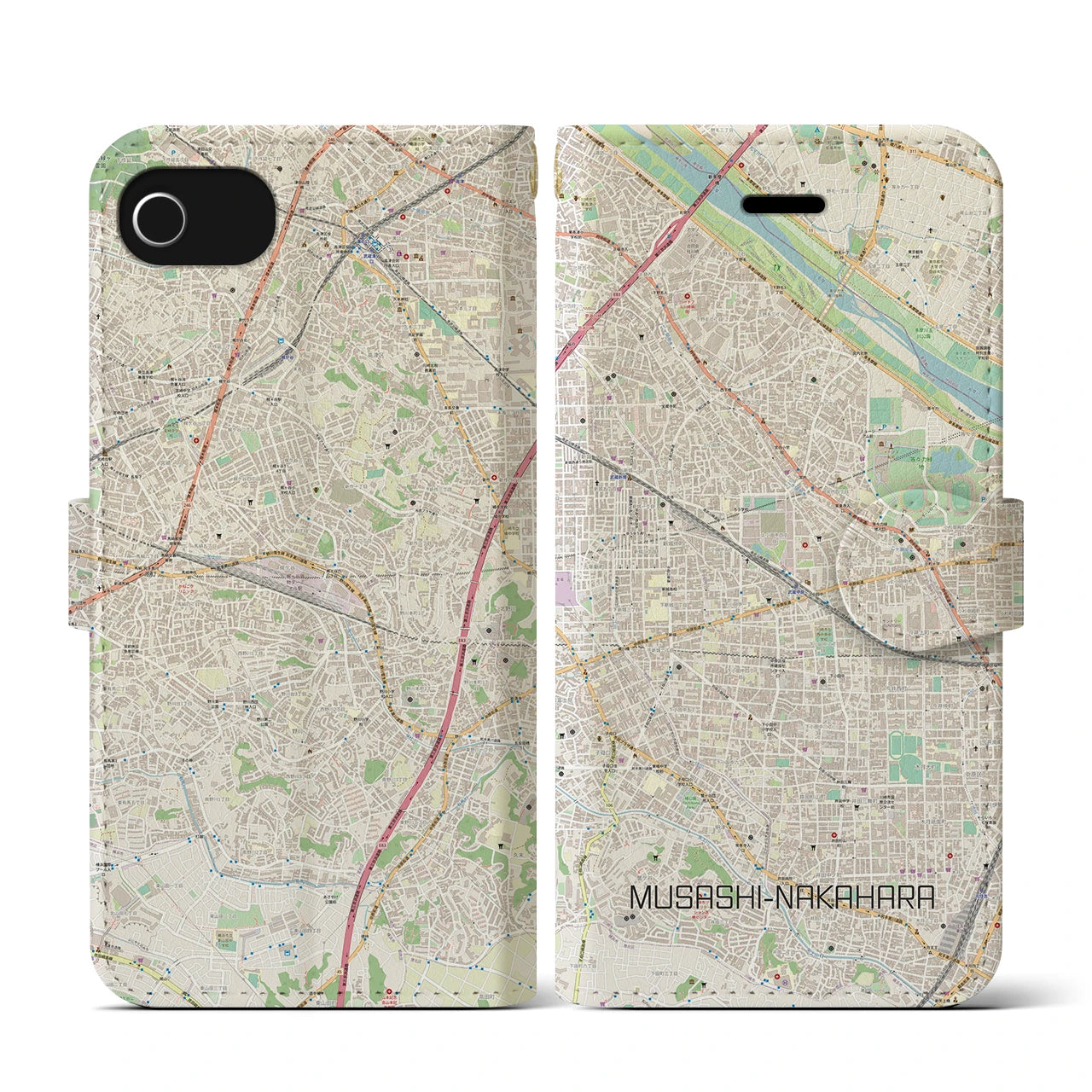 【武蔵中原(神奈川県)】地図柄iPhoneケース(手帳タイプ)ナチュラル・iPhone SE(第3 / 第2世代) / 8 / 7 / 6s / 6 用