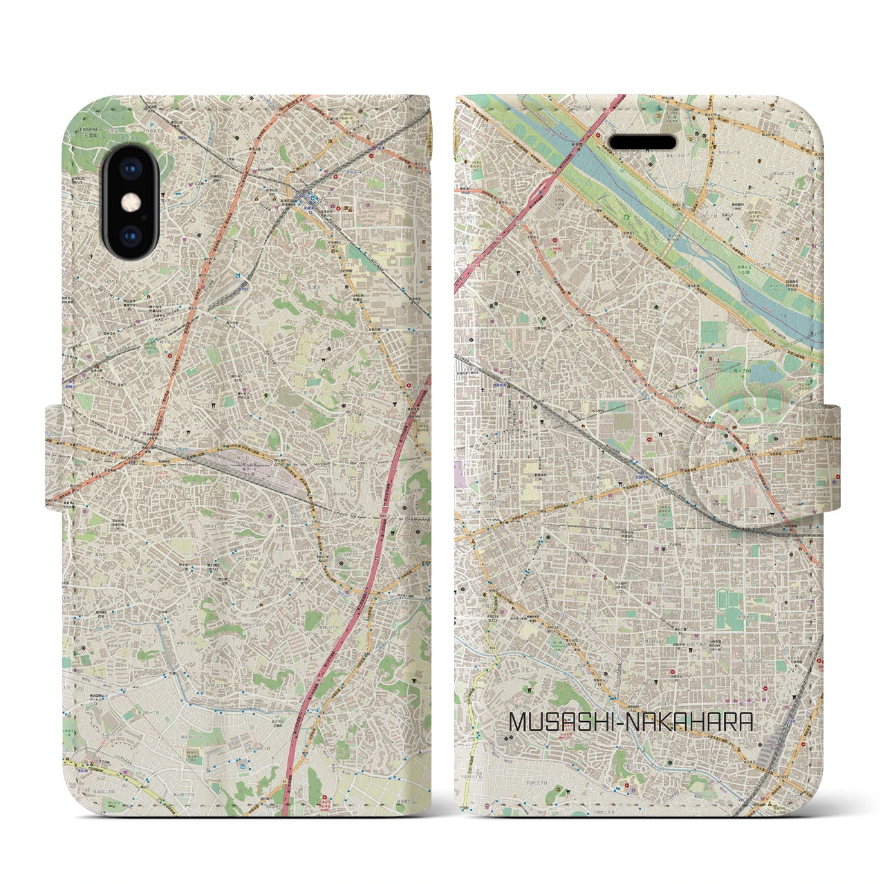 【武蔵中原(神奈川県)】地図柄iPhoneケース(手帳タイプ)ナチュラル・iPhone XS / X 用