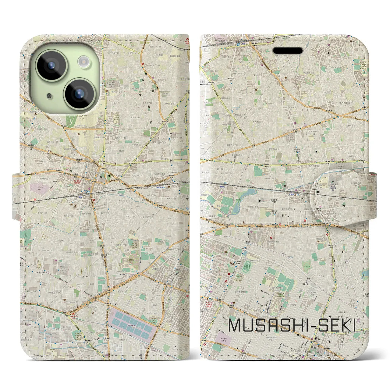 【武蔵関(東京都)】地図柄iPhoneケース(手帳タイプ)ナチュラル・iPhone 15 用