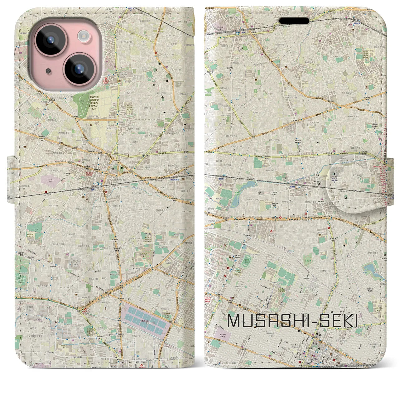 【武蔵関(東京都)】地図柄iPhoneケース(手帳タイプ)ナチュラル・iPhone 15 Plus 用