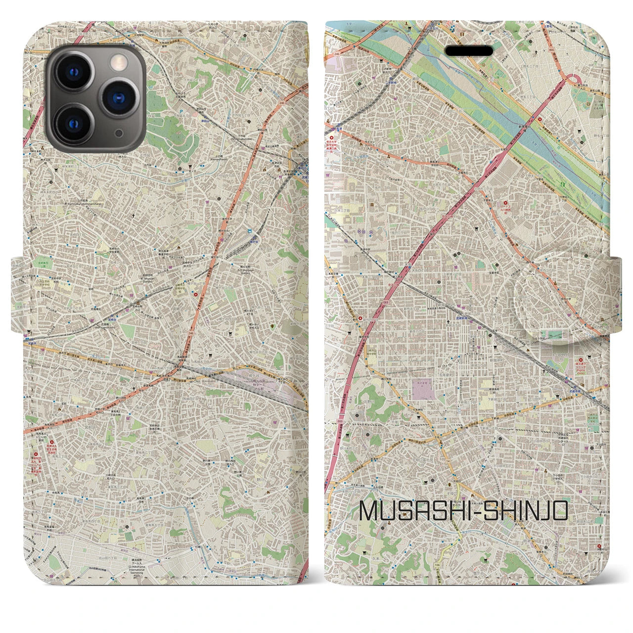 【武蔵新城(神奈川県)】地図柄iPhoneケース(手帳タイプ)ナチュラル・iPhone 11 Pro Max 用