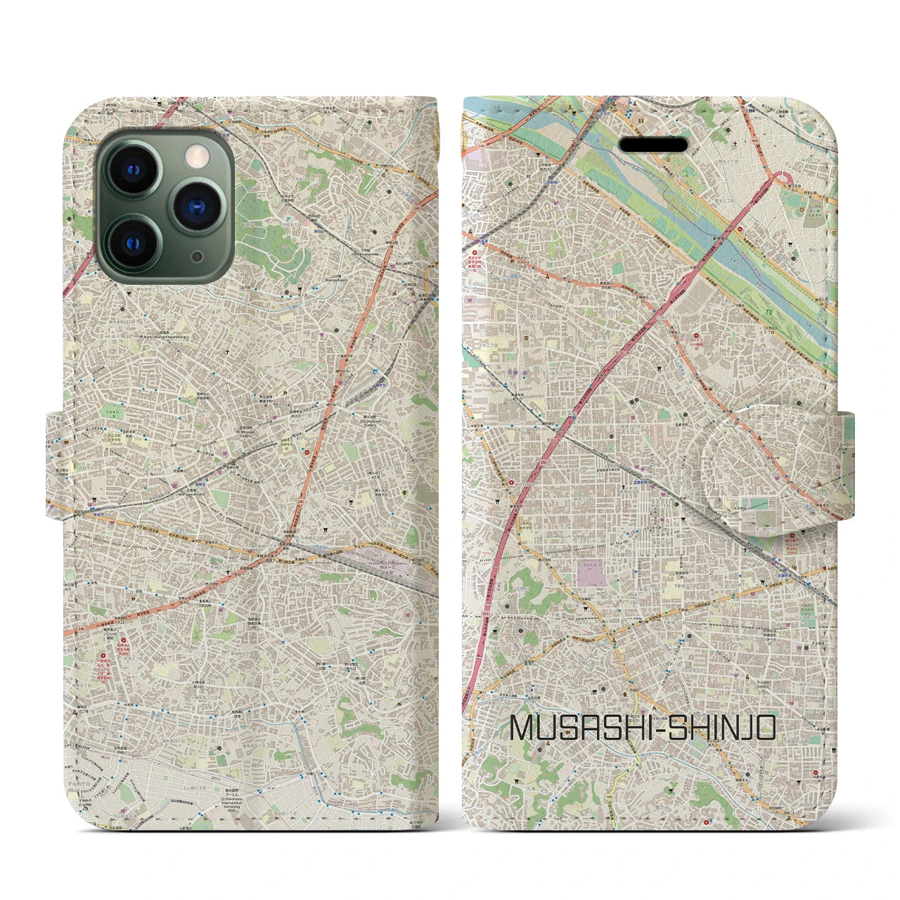 【武蔵新城(神奈川県)】地図柄iPhoneケース(手帳タイプ)ナチュラル・iPhone 11 Pro 用