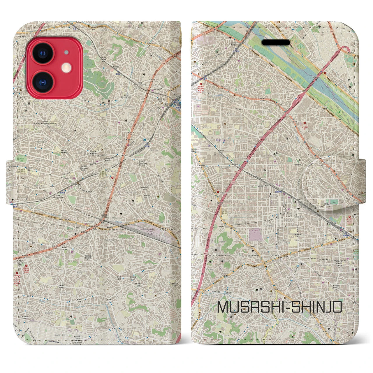 【武蔵新城(神奈川県)】地図柄iPhoneケース(手帳タイプ)ナチュラル・iPhone 11 用