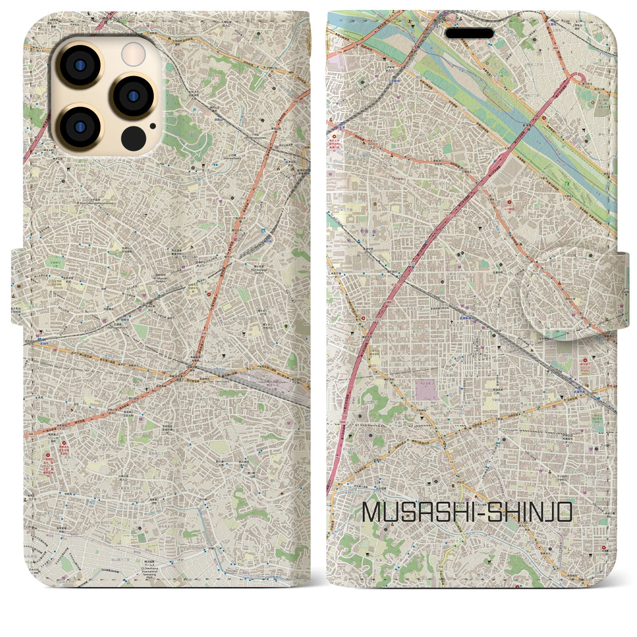 【武蔵新城(神奈川県)】地図柄iPhoneケース(手帳タイプ)ナチュラル・iPhone 12 Pro Max 用