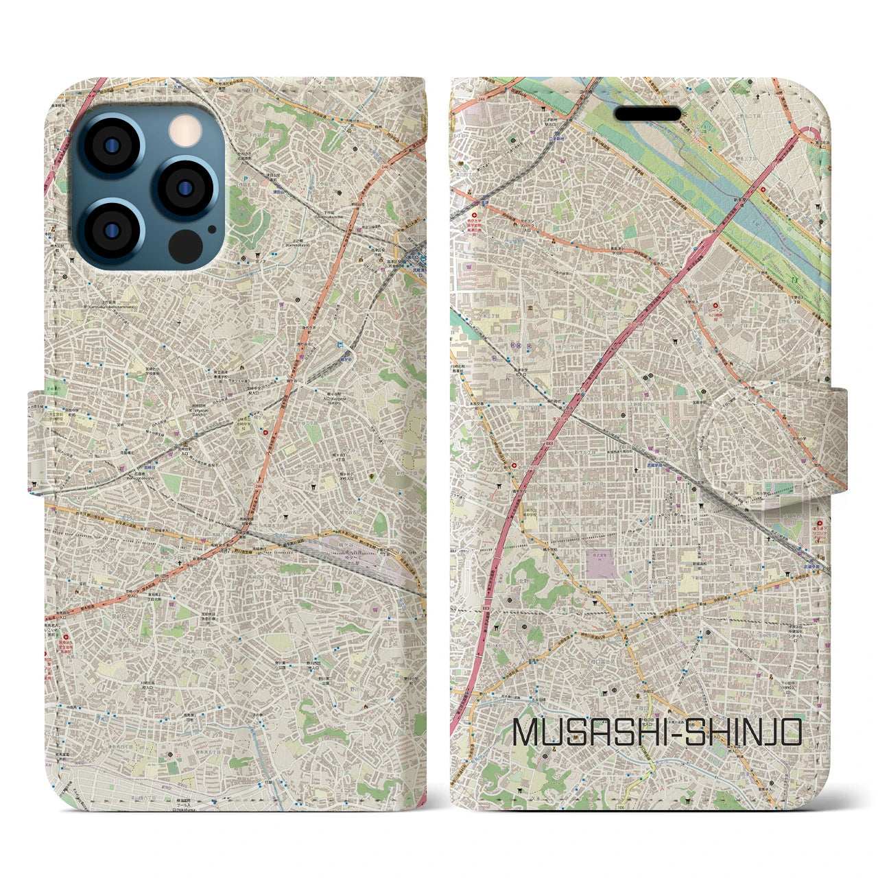 【武蔵新城(神奈川県)】地図柄iPhoneケース(手帳タイプ)ナチュラル・iPhone 12 / 12 Pro 用