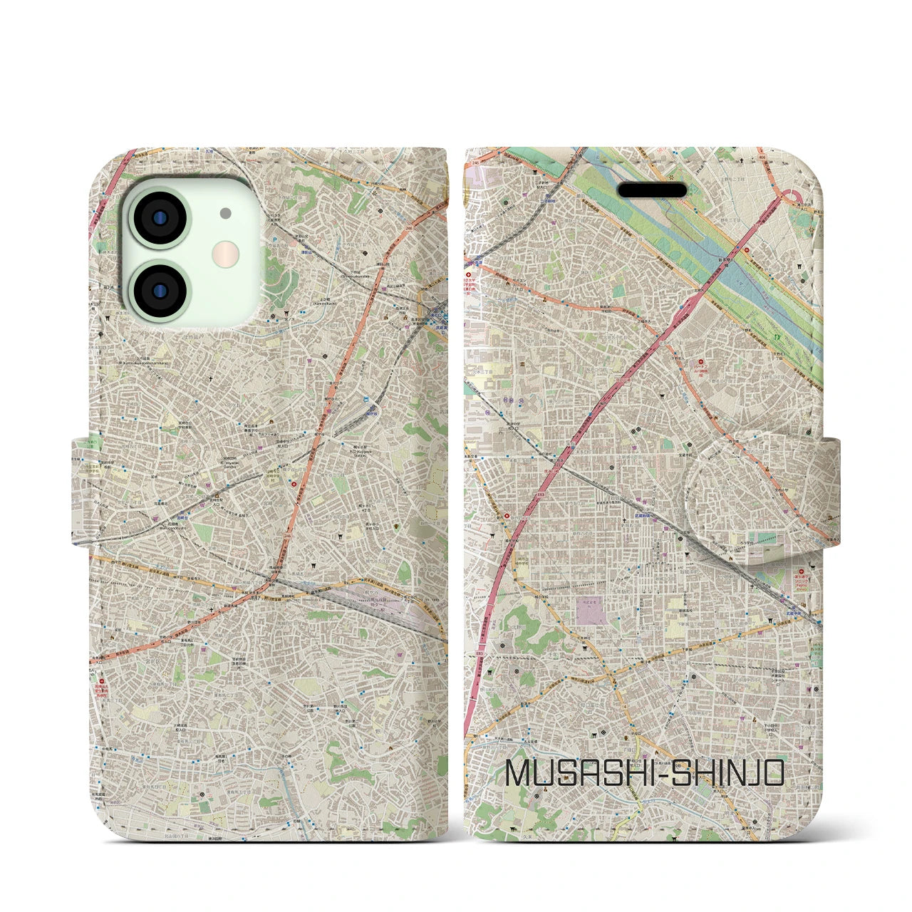 【武蔵新城(神奈川県)】地図柄iPhoneケース(手帳タイプ)ナチュラル・iPhone 12 mini 用