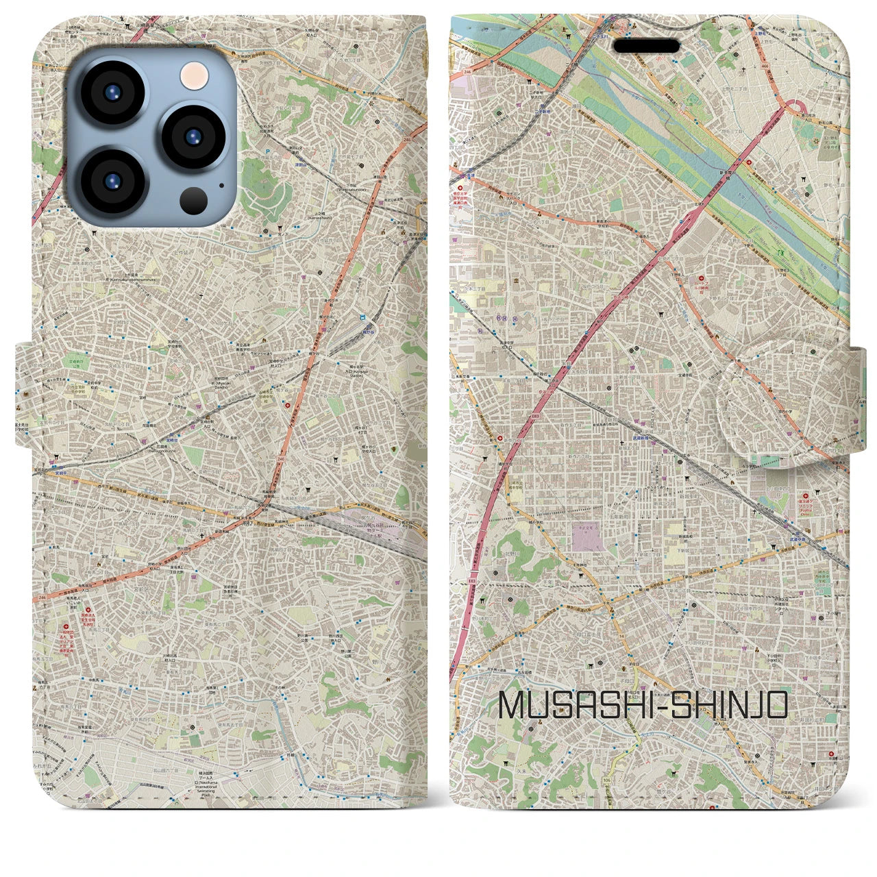 【武蔵新城(神奈川県)】地図柄iPhoneケース(手帳タイプ)ナチュラル・iPhone 13 Pro Max 用