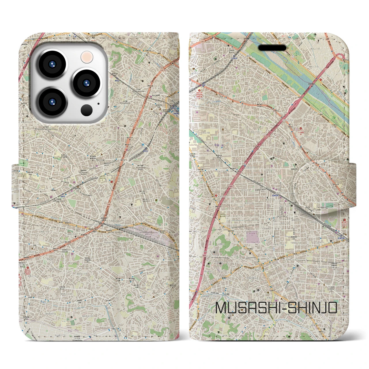【武蔵新城(神奈川県)】地図柄iPhoneケース(手帳タイプ)ナチュラル・iPhone 13 Pro 用