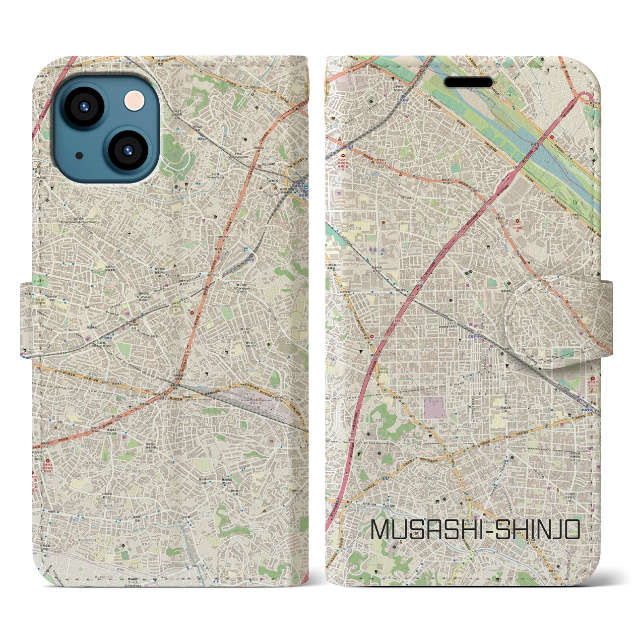【武蔵新城(神奈川県)】地図柄iPhoneケース(手帳タイプ)ナチュラル・iPhone 13 用