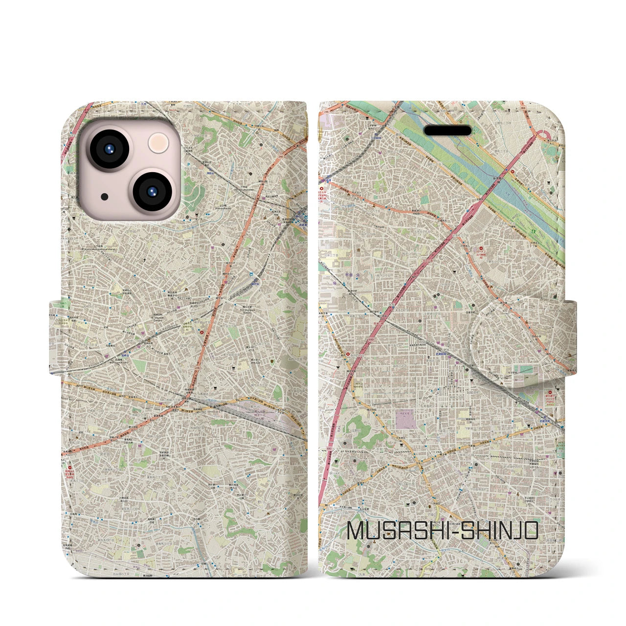 【武蔵新城(神奈川県)】地図柄iPhoneケース(手帳タイプ)ナチュラル・iPhone 13 mini 用