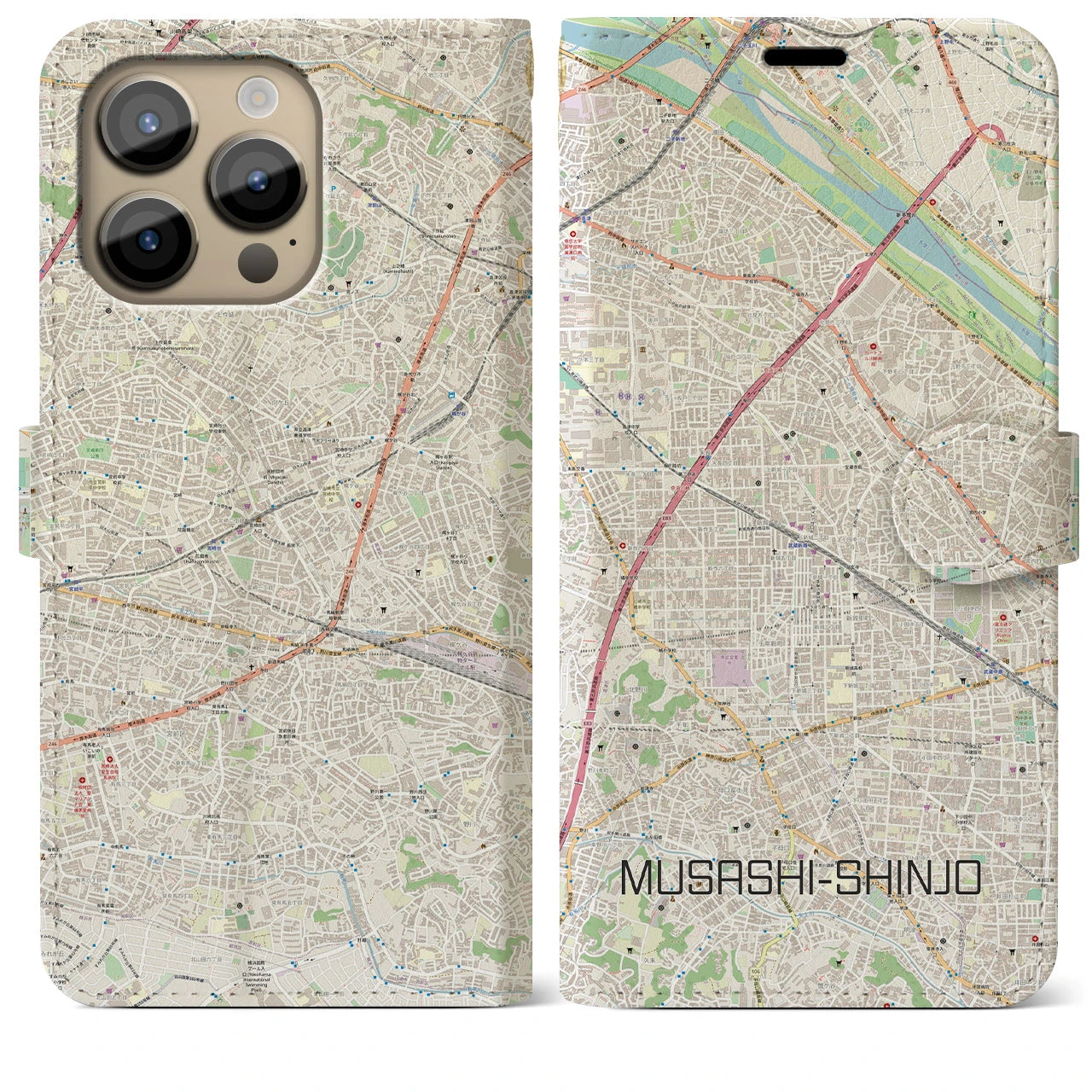 【武蔵新城(神奈川県)】地図柄iPhoneケース(手帳タイプ)ナチュラル・iPhone 14 Pro Max 用