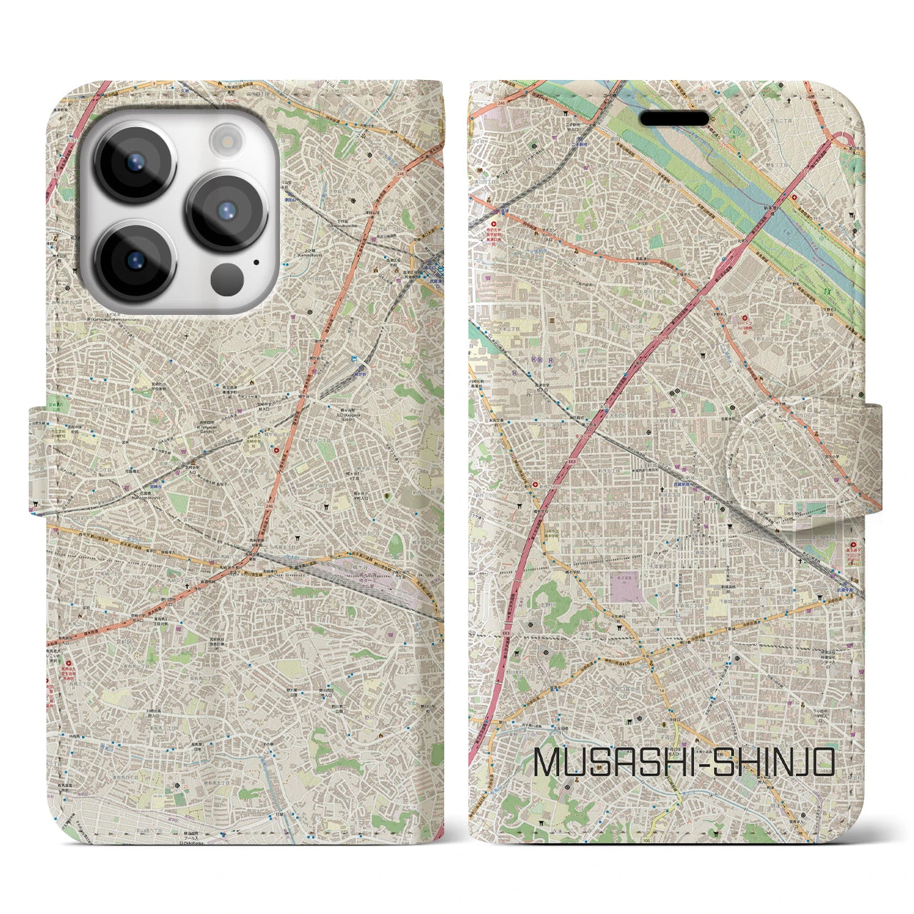 【武蔵新城(神奈川県)】地図柄iPhoneケース(手帳タイプ)ナチュラル・iPhone 14 Pro 用