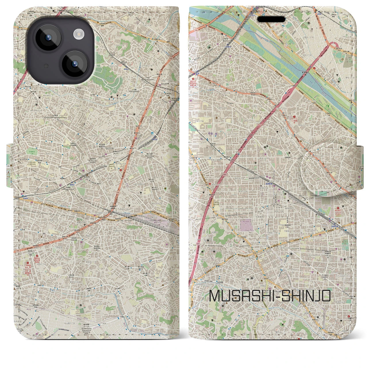 【武蔵新城(神奈川県)】地図柄iPhoneケース(手帳タイプ)ナチュラル・iPhone 14 Plus 用