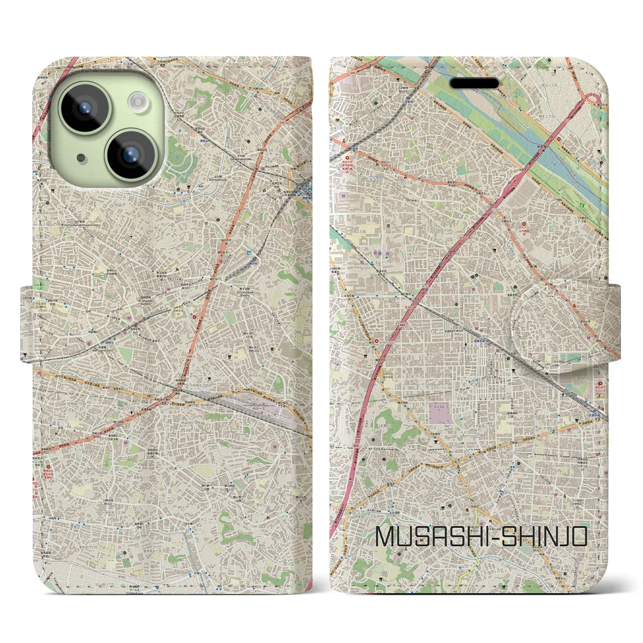 【武蔵新城(神奈川県)】地図柄iPhoneケース(手帳タイプ)ナチュラル・iPhone 15 用