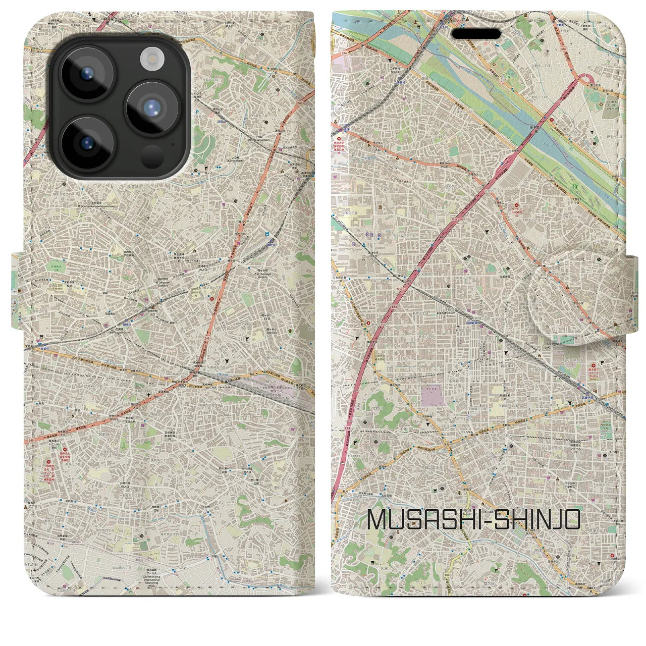 【武蔵新城(神奈川県)】地図柄iPhoneケース(手帳タイプ)ナチュラル・iPhone 15 Pro Max 用
