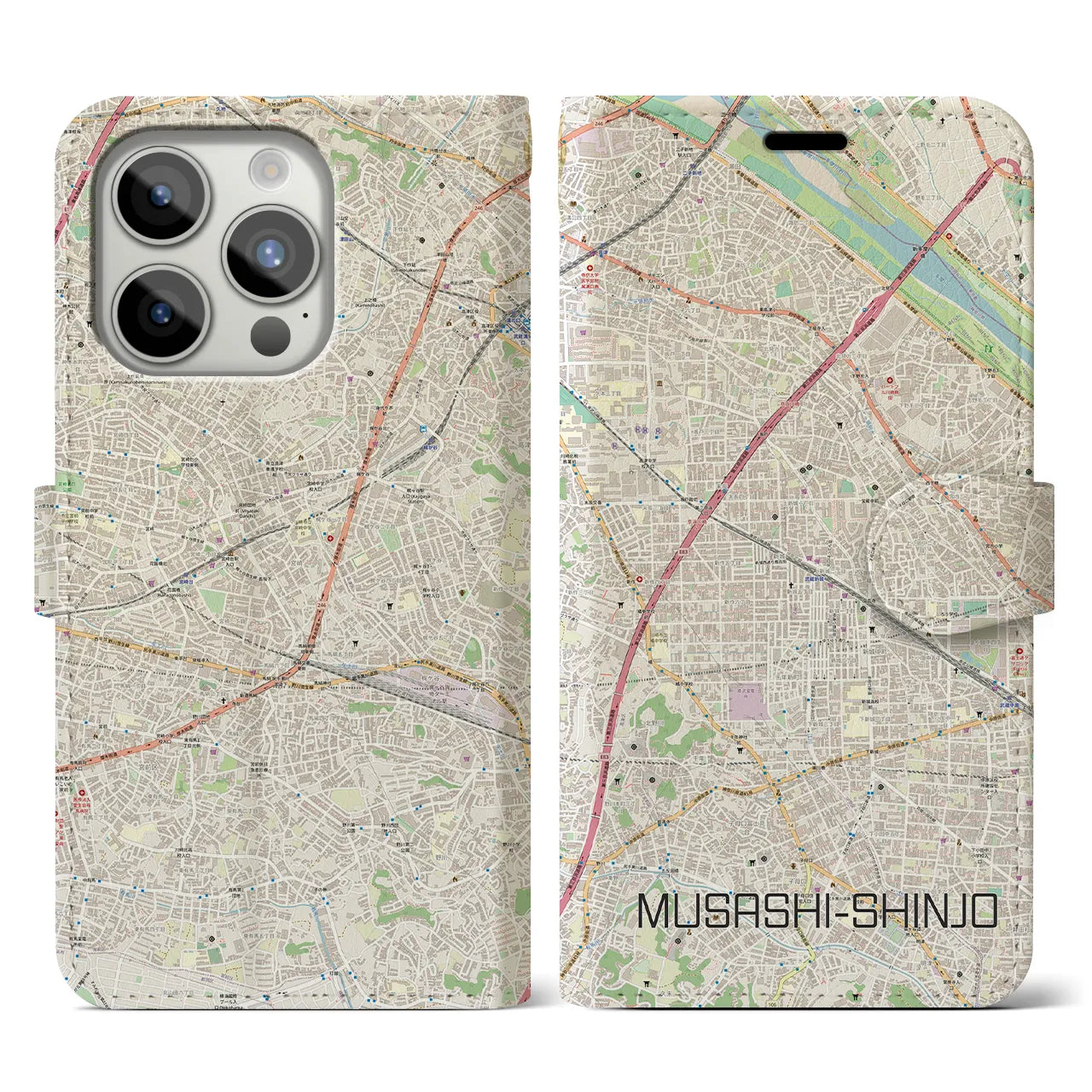【武蔵新城(神奈川県)】地図柄iPhoneケース(手帳タイプ)ナチュラル・iPhone 15 Pro 用