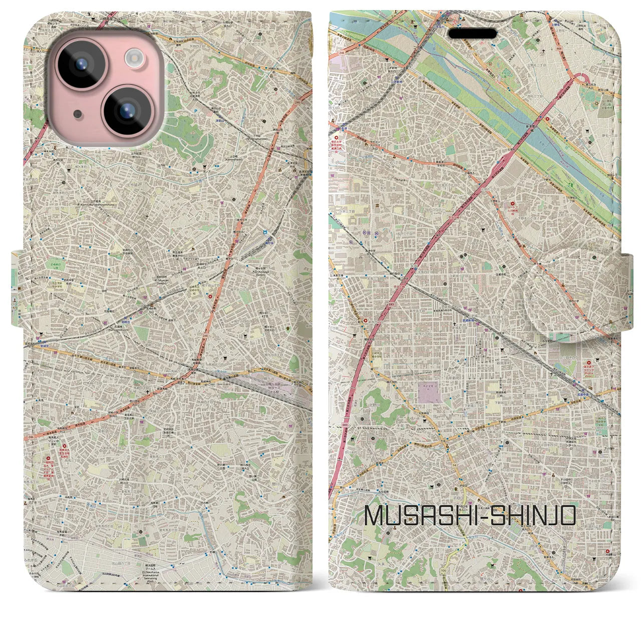 【武蔵新城(神奈川県)】地図柄iPhoneケース(手帳タイプ)ナチュラル・iPhone 15 Plus 用
