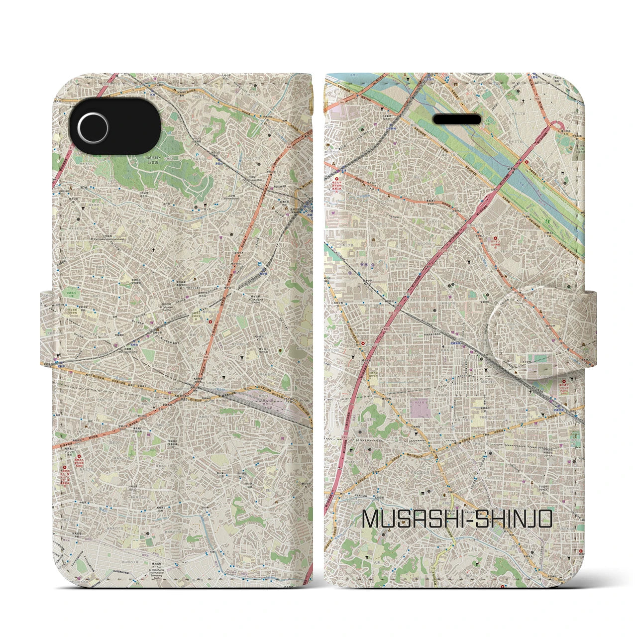 【武蔵新城(神奈川県)】地図柄iPhoneケース(手帳タイプ)ナチュラル・iPhone SE(第3 / 第2世代) / 8 / 7 / 6s / 6 用
