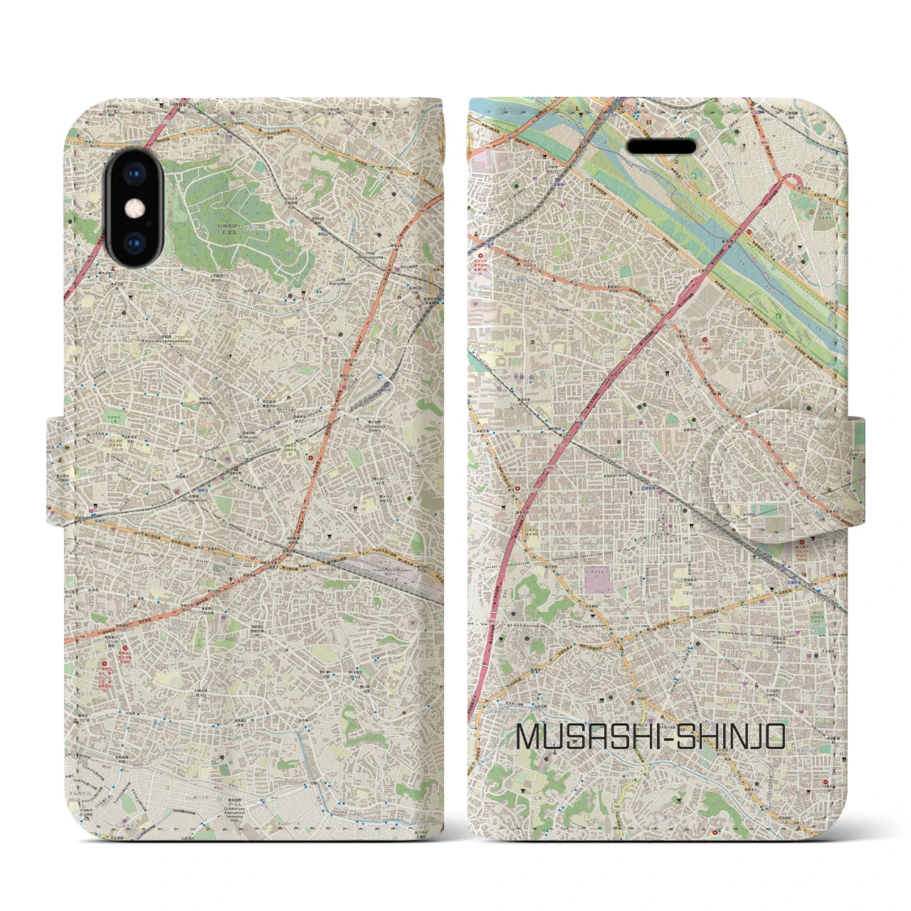 【武蔵新城(神奈川県)】地図柄iPhoneケース(手帳タイプ)ナチュラル・iPhone XS / X 用
