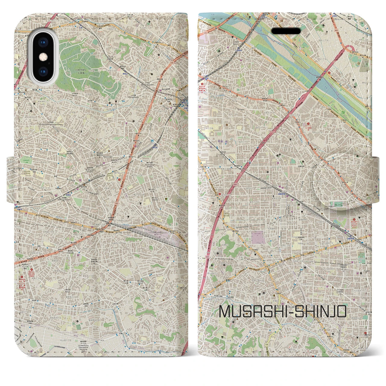 【武蔵新城(神奈川県)】地図柄iPhoneケース(手帳タイプ)ナチュラル・iPhone XS Max 用